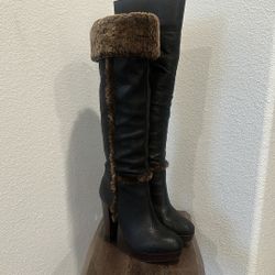TORY BURCH Sebastian Shearling Knee High Heel Boots Brown/Black Size 8.5 