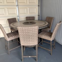 Outdoor patio counter height firepit table and 6 chairs 