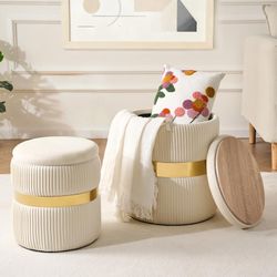 Round Storage Ottoman Set with Gold Band