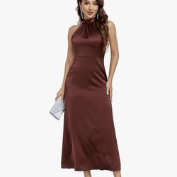 Brown Satin Halter Formal Bridesmaid Dress