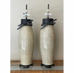 Vintage 1960s Mid Century Crackled Glazed Ceramic Asian Lamps in the Manner of James Mont
