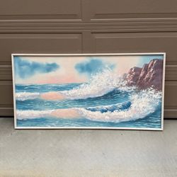 5Ft Painting Ocean Waves Crashing Rocks Pastel Framed Signed Pink 80s Vintage Art