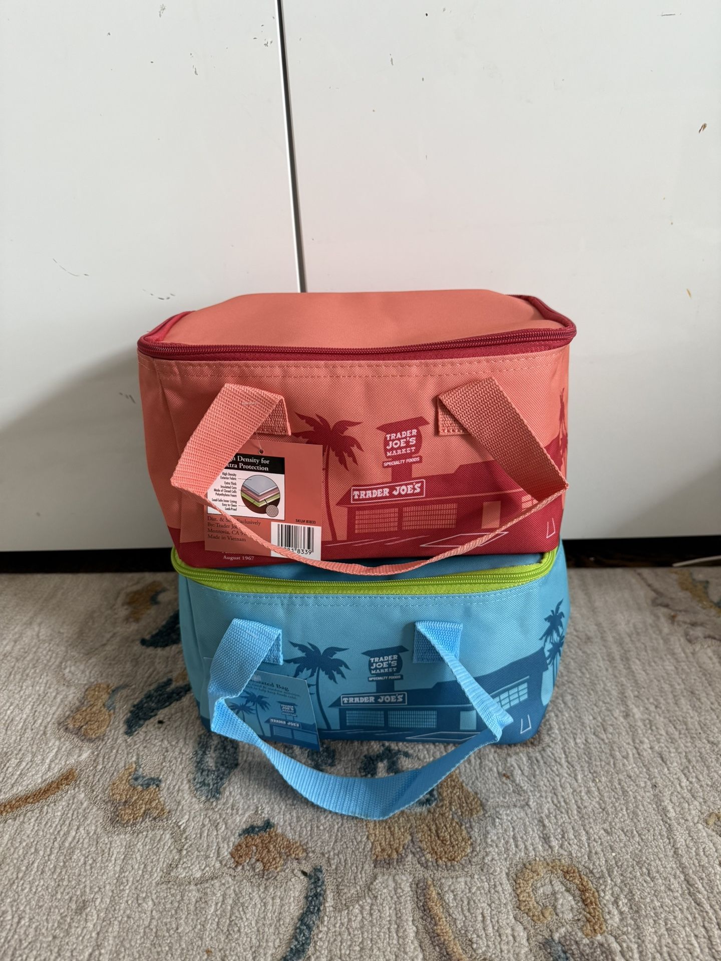 2x trader joes joe’s mini tote cooler bag blue and peach