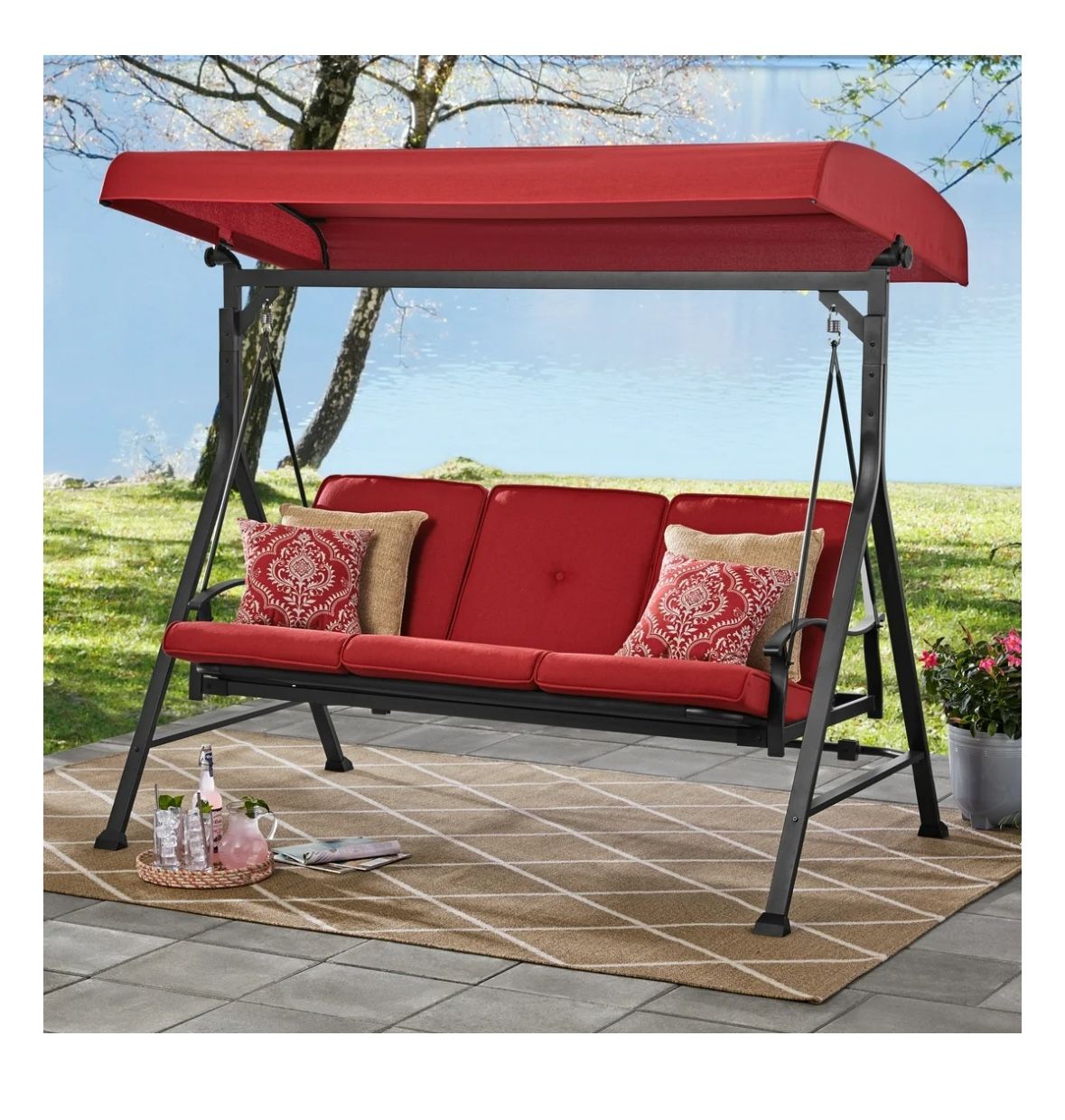Mainstays Belden Park 3 Person Convertible Daybed Outdoor Steel Porch Swing with Canopy - Red