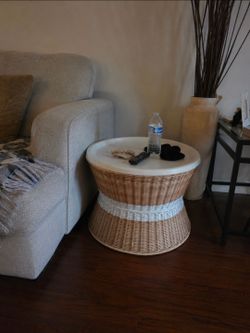 Boho Wicker / Rattan Hourglass Side Table with White Tray Top