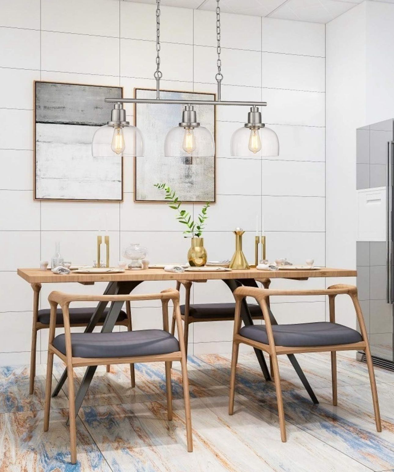 EAPUDUN 3-Light Kitchen Island Light, Farmhouse Pendant Lighting for Dining Room Pool Table Ceiling Light, Brushed Nickel Finish with Clear Glass, PDA