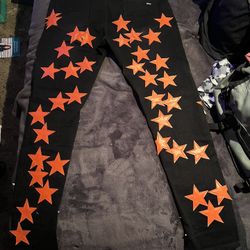 New Never Worn AMIRI Black With Orange Leather Stars 
