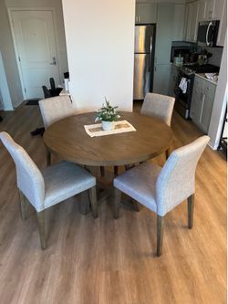 Modern Round Wooden Dining Table & 4 Upholstered Chairs Set