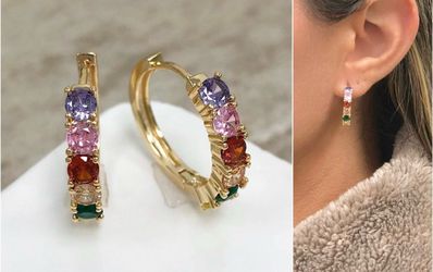 Vibrant Multi-Color Gemstone Huggie Hoop Earrings – 14K Gold Plated Rainbow Huggies