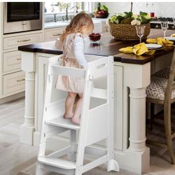 Bamboo Toddler Kitchen Standing Step Stool White,  Height Adjustable for Kids Kitchen Counter Learning