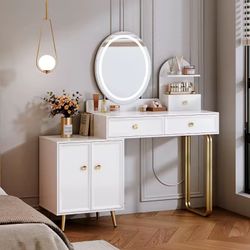 Retractable Makeup Vanity,with LED Mirror and 2 Spacious Drawers,Makeup Desk
