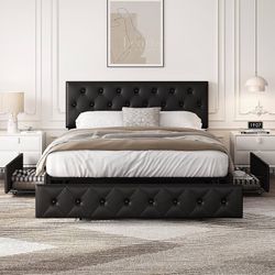 Queen Size Bed Frame Upholstered Bed Frame with Adjustable Diamond Button-Tufted Headboard/3 Drawers Storage, Queen Platform Bed/Strong Wooden Slats, 