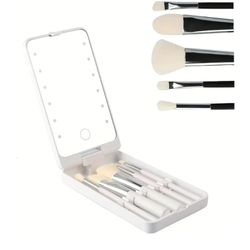 Portable Makeup Mirror With 5 Makeup Brushes Travel Case Storage Box LED Rechargeable Makeup Mirror (White)