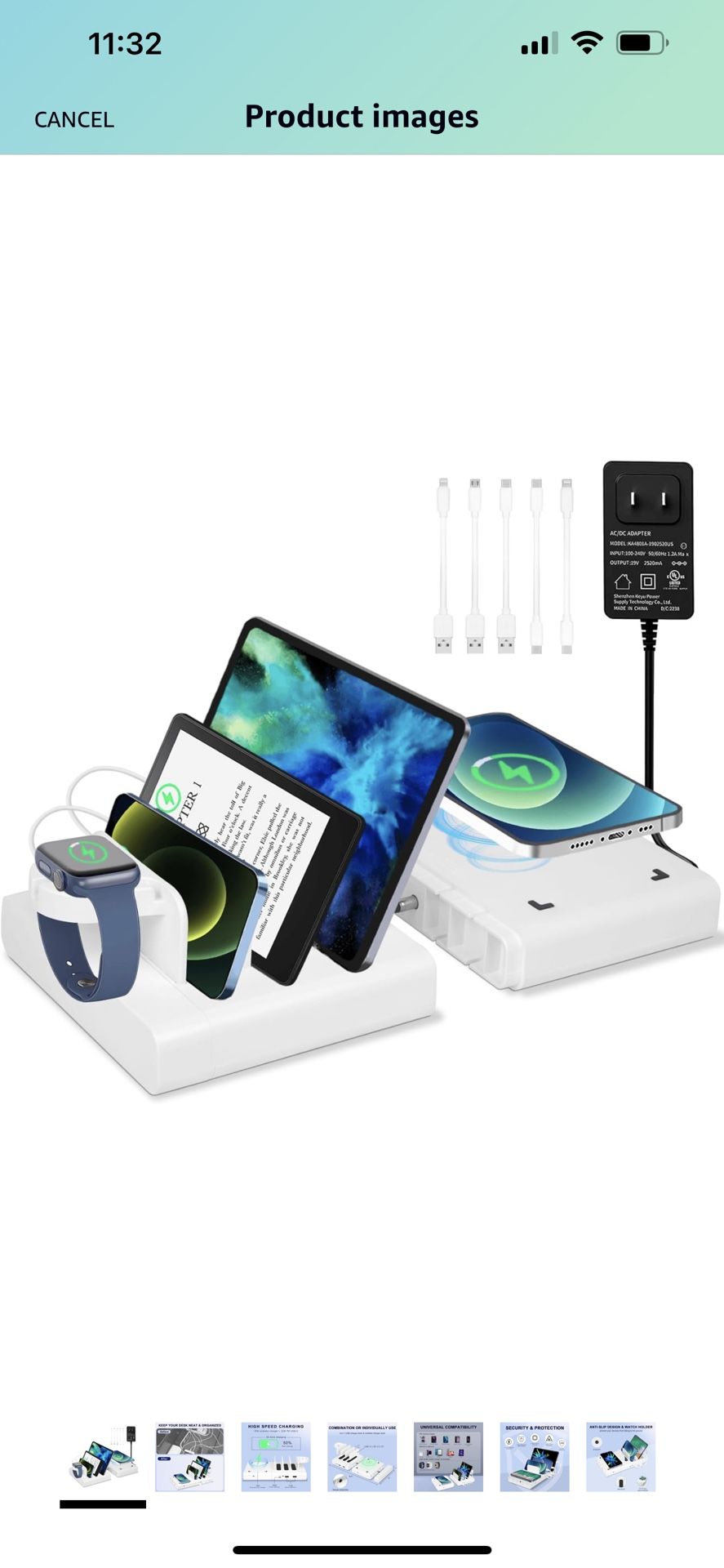 75W Charging Station for Multiple Devices, 5 in 1 Fast Charging Station with 20W PD Port and 15W Wireless Charging Dock, Watch Holder, for Phone/Kindl