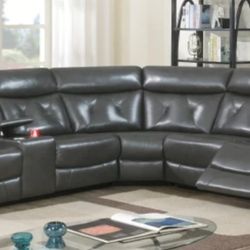 Brand New Grey Leather Reclining Sectional Sofa