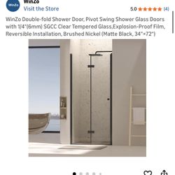 WinZo Double-fold Shower Door, Pivot Swing Shower Glass Doors with 1/4"(6mm) SGCC Clear Tempered Glass,Explosion-Proof Film, Reversible Installation, 