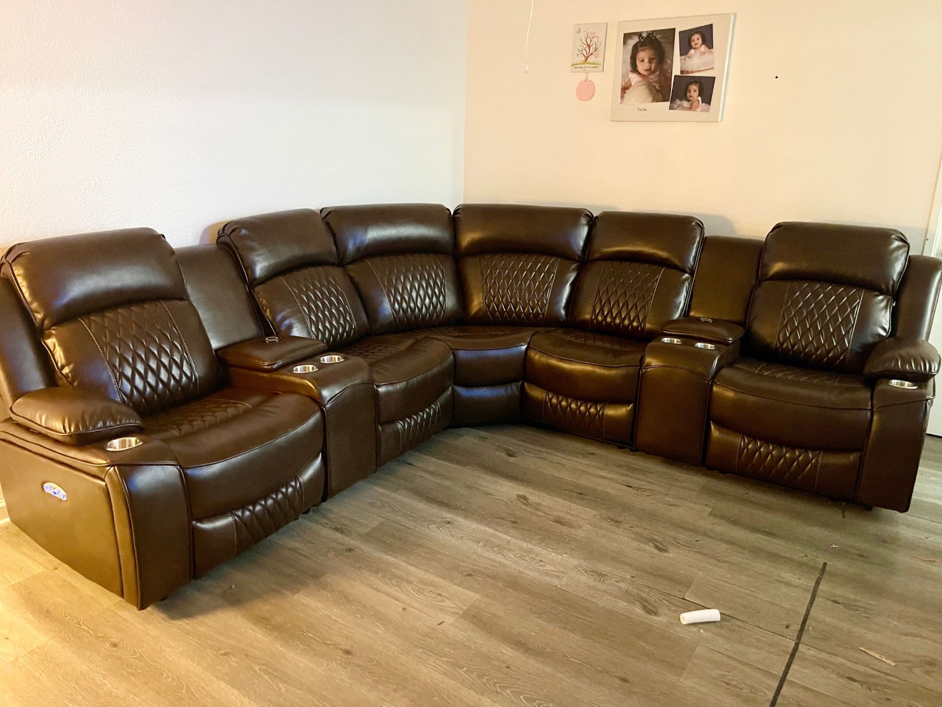 Brown Leather Sectional Sofa With Power Reclining Seats