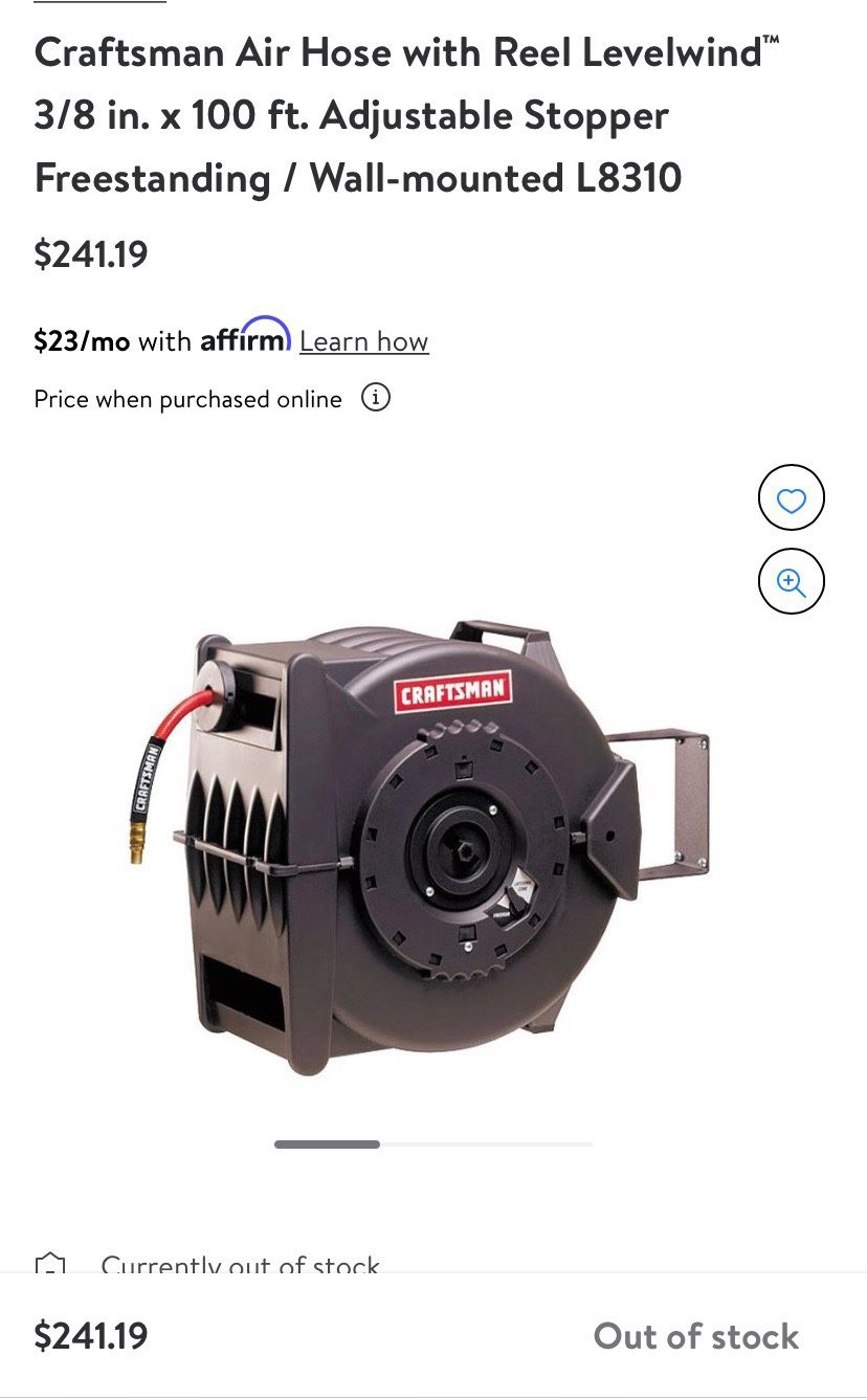 Craftsman Air hose with Reel Levelwind. Retractable air compressor