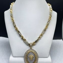 14k Solid gold Figaro Rope Two  Chain  And MEDUSA charm , Necklance Gold Pendant 