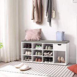(New Still In The Box ) Shoe Bench, Storage Bench with Drawer and Open Compartments, Shoe Shelf, Padded Seat, for Entryway, Living Room, Bedroom, Whit