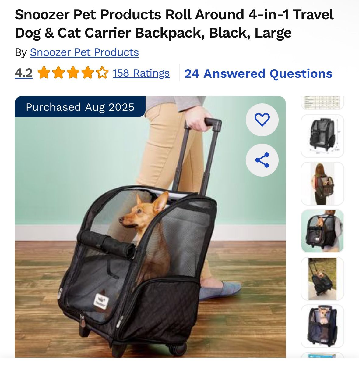 Snoozer Pet Products Roll Around 4-in-1 Travel Dog & Cat Carrier Backpack, Black, Large