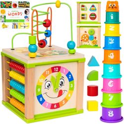 Wooden Kids Baby Activity Cube - Boys Gift Set | 1-2 Year Old Educational Learning Toy Bead Maze First Birthday Gift