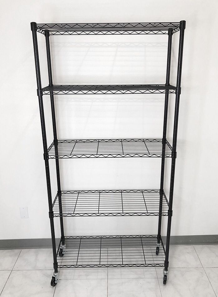 $70 NEW Metal 5-Shelf Shelving Storage Unit Wire Organizer Rack Adjustable w/ Wheel Casters 36x14x74”