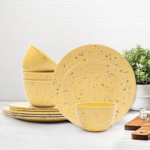 Zak Designs Confetti Dinnerware Sets for Indoors and Outdoors, Includes Plates and Bowls Sets, 12 Pieces Recycled Melamine Plastic Dishes Set for 4