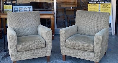 #109707 Pair of Modern Style Beige Tweed Armchairs by Room and Board 31” L x 27” D x 34” H