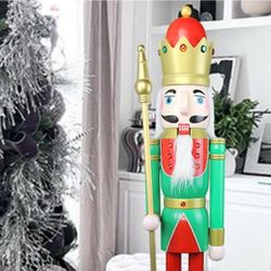 CDL 48" 4ft Tall Life-Size Large/Giant Green Christmas Wooden Nutcracker King on Stand Holds Golden Scepter for Indoor Outdoor Xmas/Event/Ceremonies/C