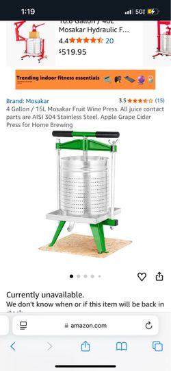 4 Gallon / 15L Mosakar Fruit Wine Press. All juice contact parts are AISI 304 Stainless Steel. Apple Grape Cider Press for Home Brewing