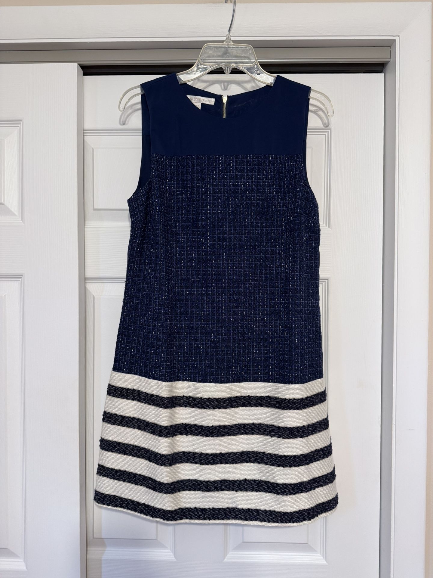 Boston Proper Navy & Ivory Striped Tweed Dress - Size 6