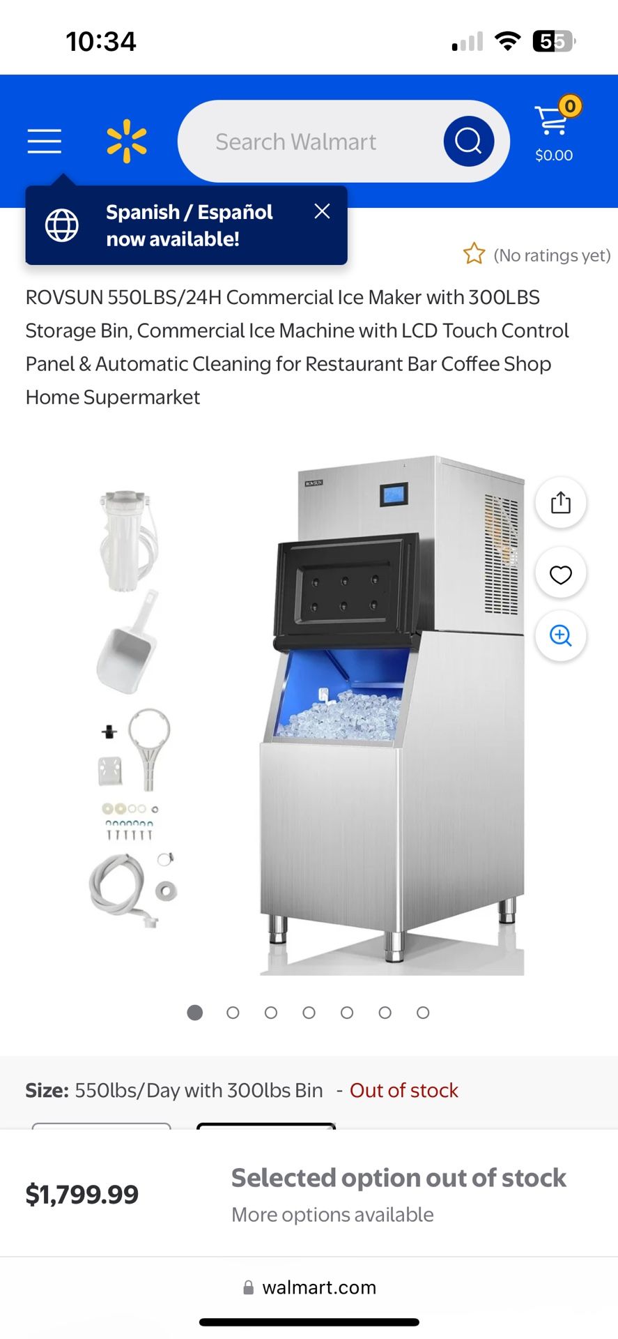 ROVSUN 550LBS/24H Commercial Ice Maker with 300LBS Storage Bin, Commercial Ice Machine with LCD Touch Control Panel & Automatic Cleaning for Restauran