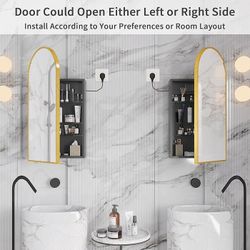 Set of 2, 20”x34”Arched Bathroom Mirror with Storage and Power Outlet, Gold Wall Mounted Medicine Cabinets for Left or Right Opening, not Recessed, Va