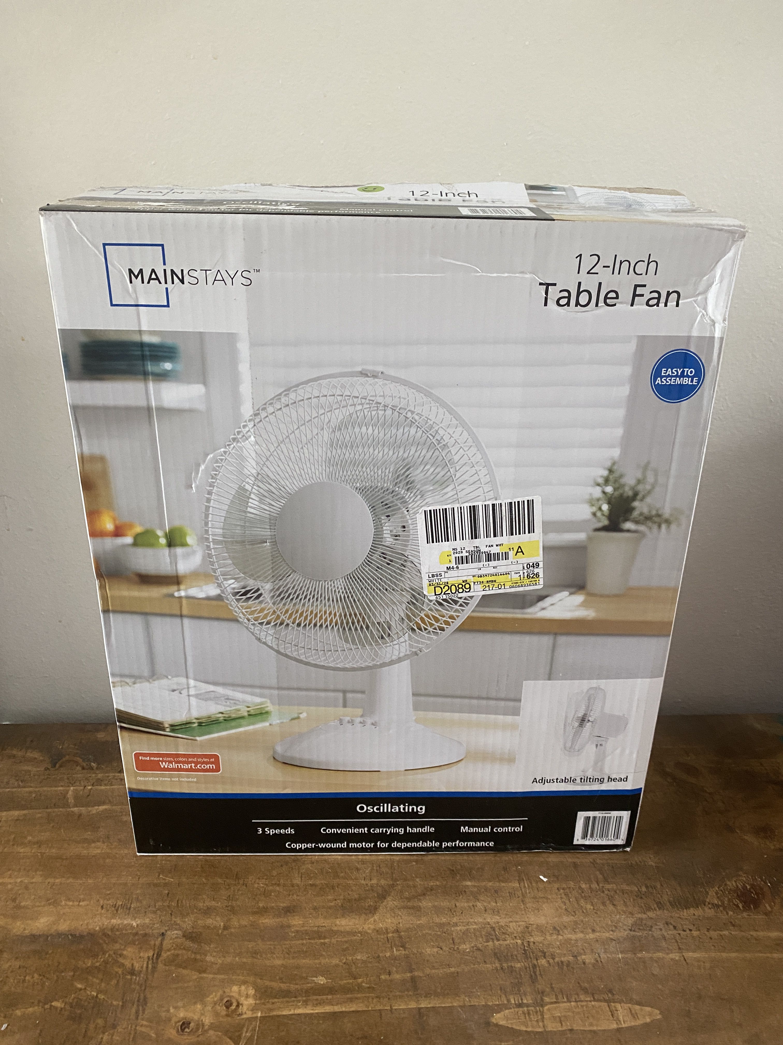 Mainstays 12" 3-Speed Oscillating Table Fan, Model## FT30-8MBW, White