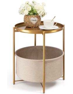 Gold Side Table with Fabric Storage Basket, Pack of 2 End Table