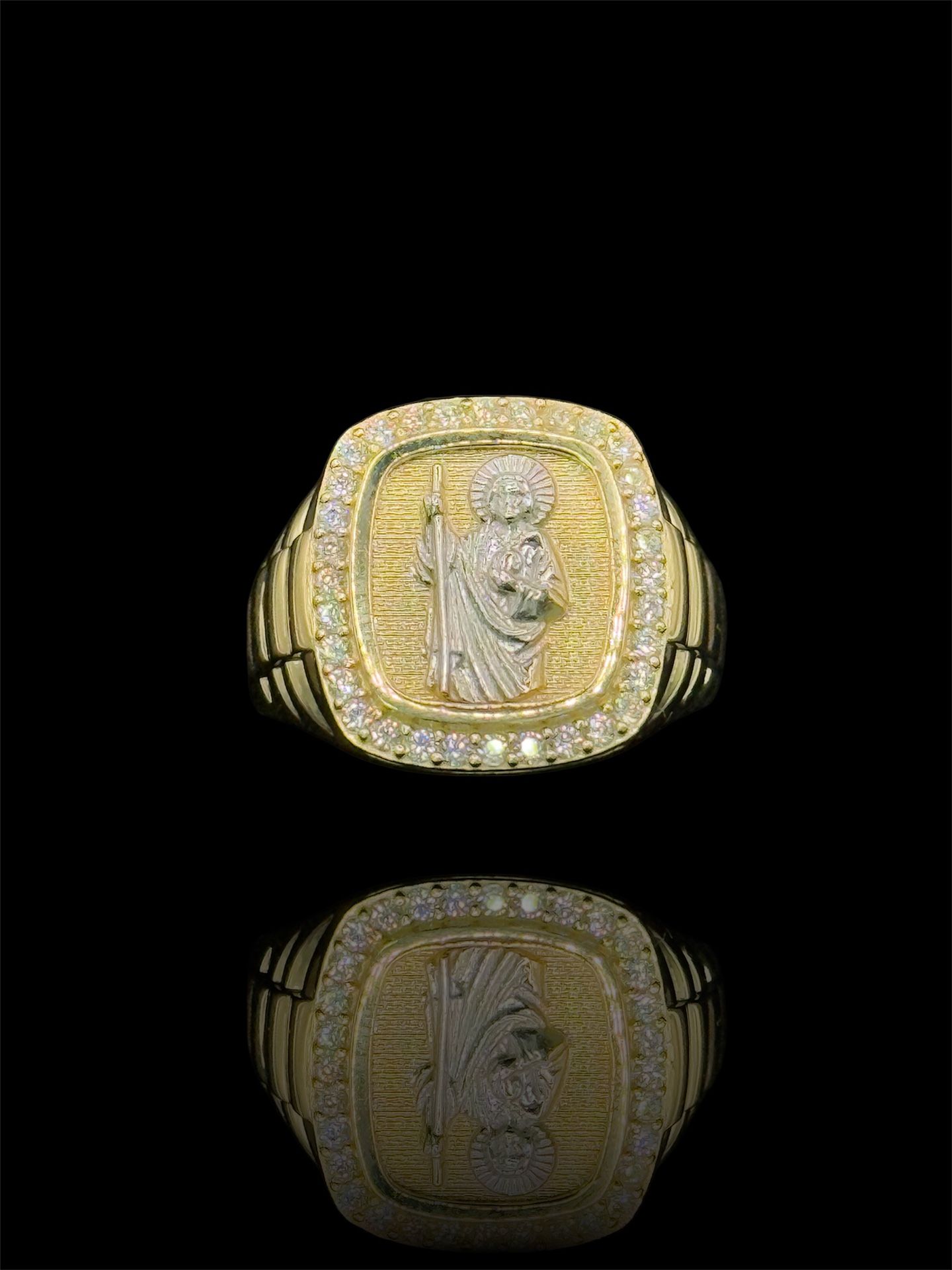 14K GOLD TWO-TONE SAN JUDAS RING W ZIRCONIA STONES