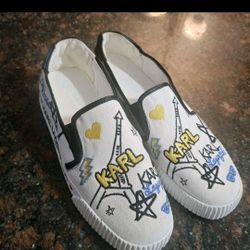 Karl Lagerfeld Paris Jazlyn Slip on White Sneaker Embroidered Size 9.5