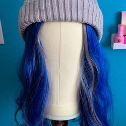 Blue green and gray synthetic wig with beanie