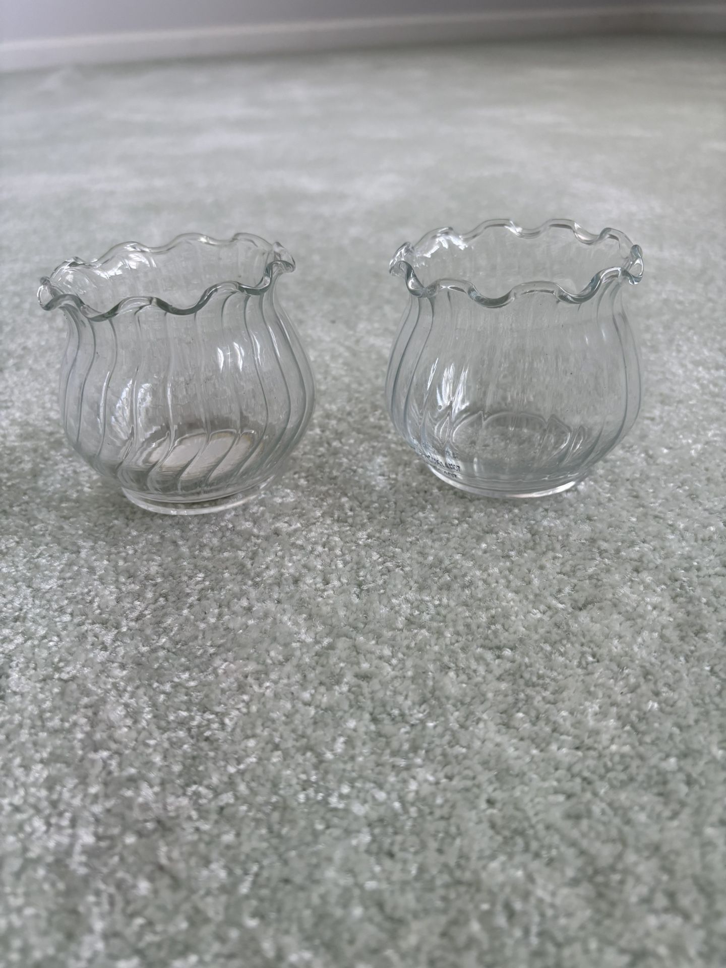 Set Of 2 Clear Scalloped Glass Votive Candle Holders 2.75” Tall With A 2” Diameter