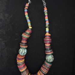 Silver Toned Multi-Color Wood Beaded Necklace 19.5-22.5" 