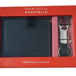 Perry Ellis Portfolio Leather Passcase Key Fob Set: Wallet And Key Fob