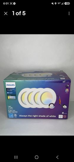 New, Philips 5/6” LED Recessed Downlight 4 Pack 75W Eq Dimmable Wet Rated CRI90, firm.