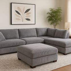 New Sectional Couch Corduroy Fabric With Ottoman Thomasville Artesia Gray