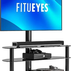 FITUEYES Tall Swivel Floor TV Stand with Mount 3-Tier Media Stand Flat Panel Height Adjustable Glass Entertainment Stand for 32-65 inch Plasma LCD LED