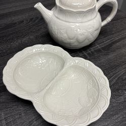 Vintage Ethan Allen Strawberry Teapot And Divided Basket 