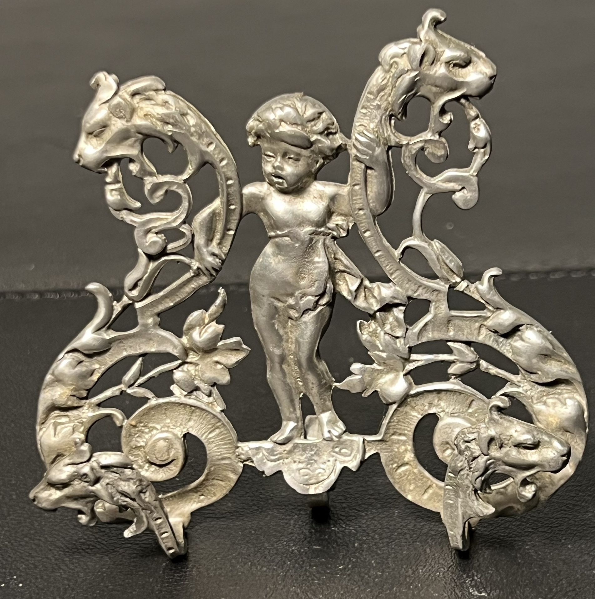 Antique 1880s Victorian Pewter Calling Card Holder With Cherub & Dragons, 3.5”