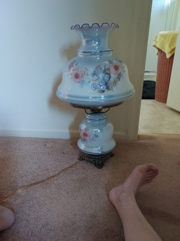 VINTAGE  LARGE VICTORIAN  PEARL  BLUE FLORAL LAMP $60.00