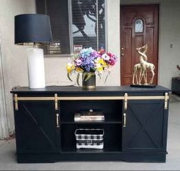 Media Console/Buffet/Sideboard- Shelves with Sliding Doors- Black with Gold