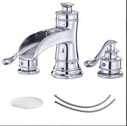 8 Inch Widespread Bathroom Faucet Chrome with Pop Up Drain and Supply Hose Two-Handle 3 Holes Waterfall Bathroom Sink Faucet Lavatory Mixer Tap